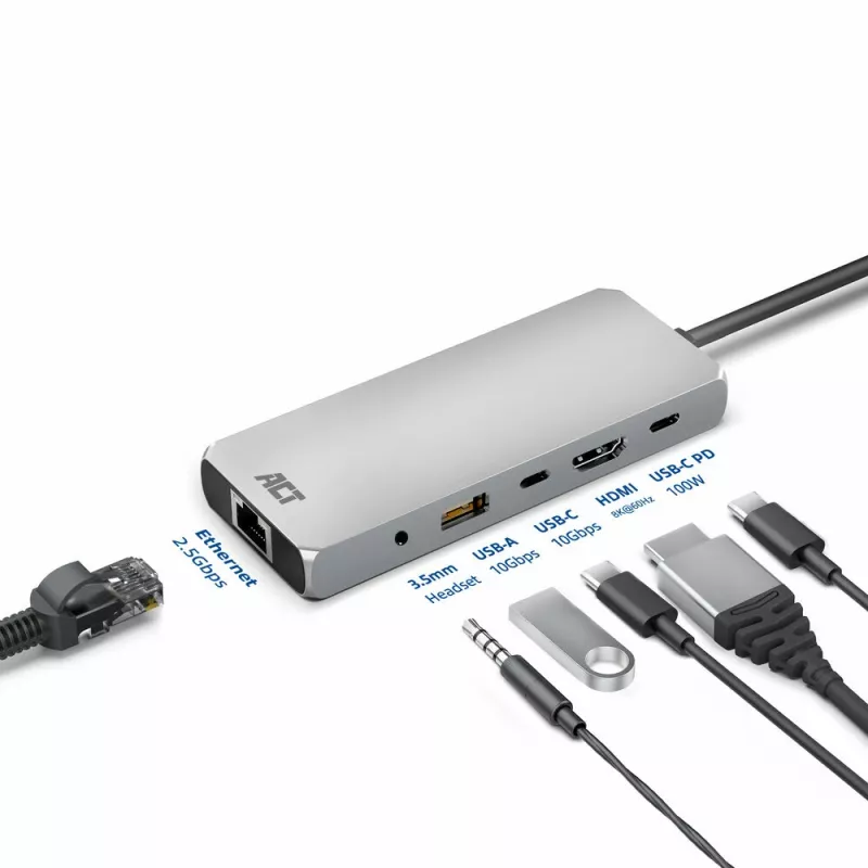 ACT USB-C 4K / 8K 30Hz docking station for 1 HDMI monitor, 2.5 Gigabit ethernet, USB-C 10Gbps, USB-A 10Gbps, 3.5mm audio, PD pass-through