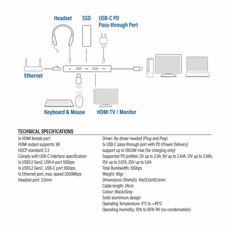 ACT USB-C 4K / 8K 30Hz docking station for 1 HDMI monitor, 2.5 Gigabit ethernet, USB-C 10Gbps, USB-A 10Gbps, 3.5mm audio, PD pass-through