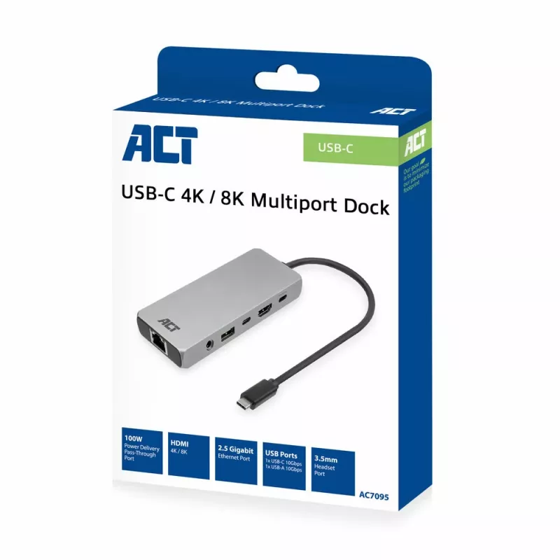 ACT USB-C 4K / 8K 30Hz docking station for 1 HDMI monitor, 2.5 Gigabit ethernet, USB-C 10Gbps, USB-A 10Gbps, 3.5mm audio, PD pass-through