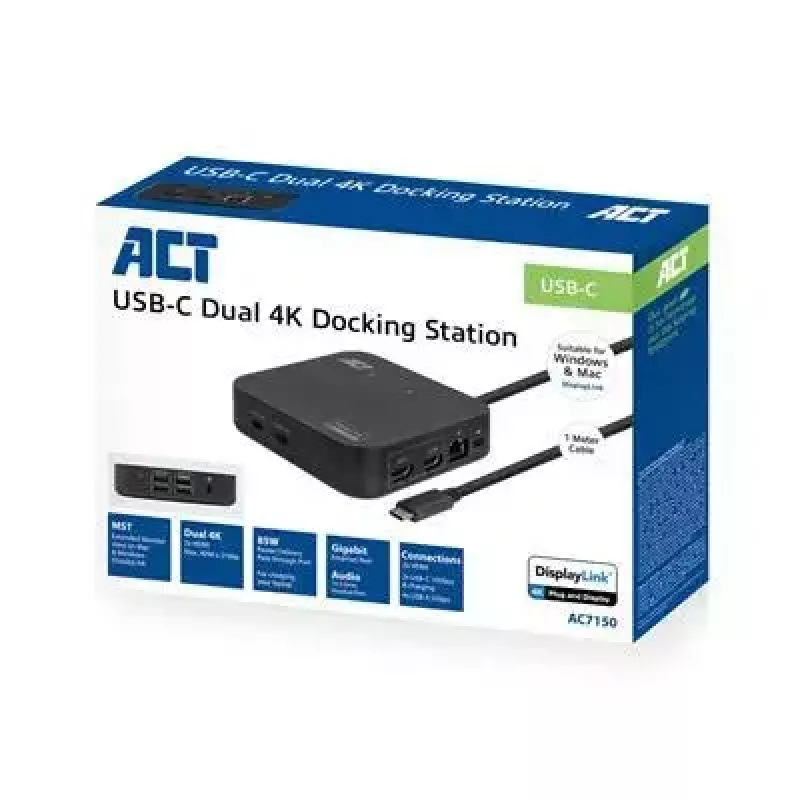 ACT Universal USB-C Docking Station 4K, for 2 HDMI/DisplayPort monitors, DisplayLink, compact design