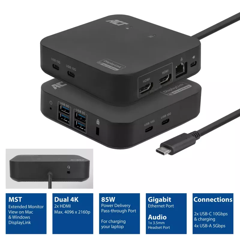 ACT Universal USB-C Docking Station 4K, for 2 HDMI/DisplayPort monitors, DisplayLink, compact design