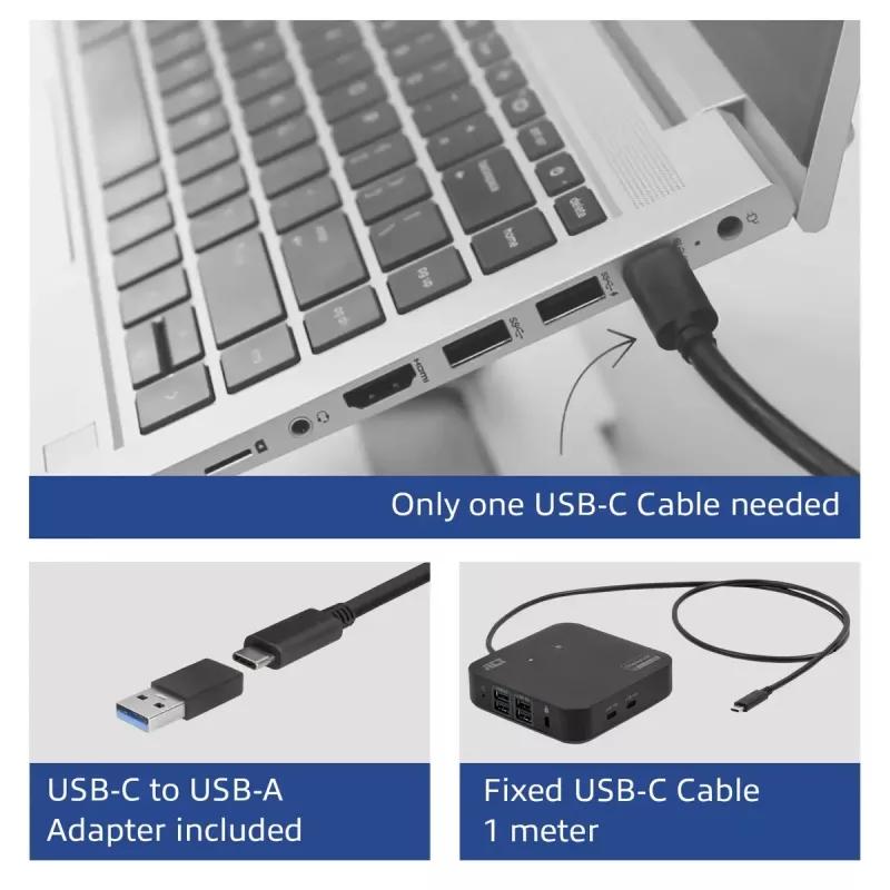 ACT Universal USB-C Docking Station 4K, for 2 HDMI/DisplayPort monitors, DisplayLink, compact design