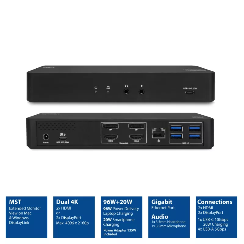 ACT USB-C Docking Station 4K, for 2 HDMI or DisplayPort monitors, DisplayLink