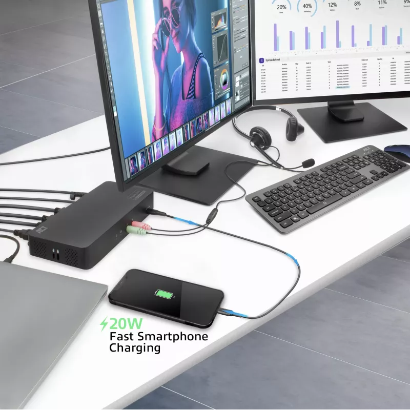 ACT USB-C Docking Station 4K, for 2 HDMI or DisplayPort monitors, DisplayLink