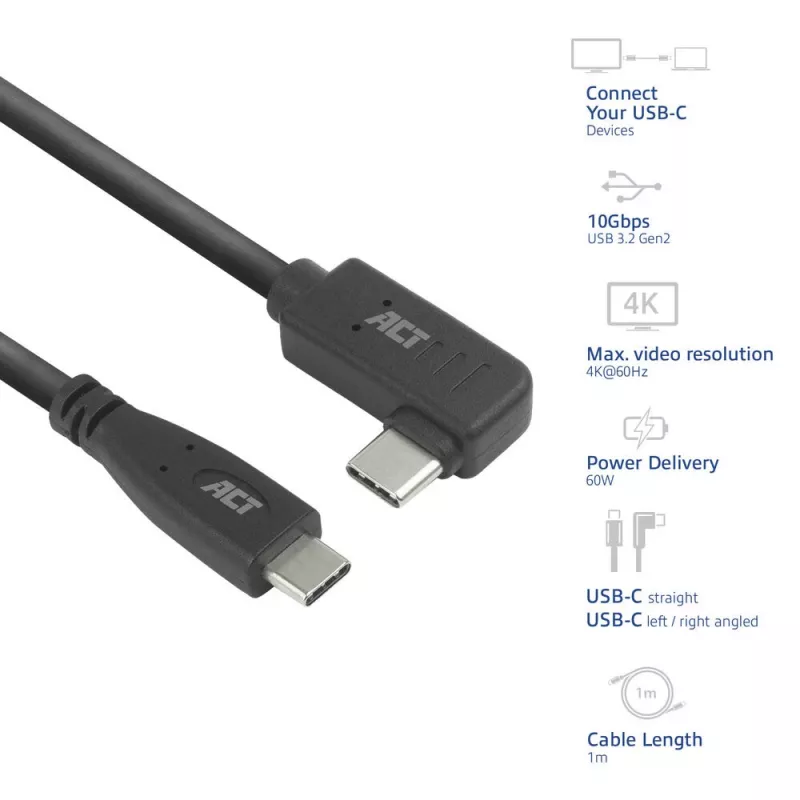 ACT USB 3.0 angled cable USB-C 1 meter 5 Gbit/s black