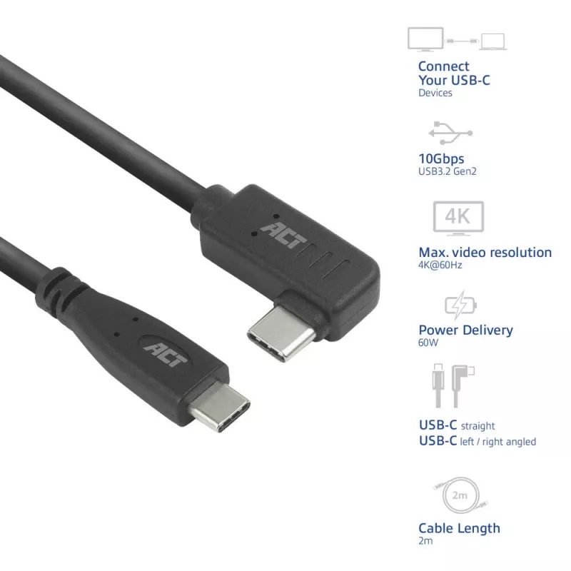 ACT USB 3.0 angled cable USB-C 2 meters 5 Gbit/s Black