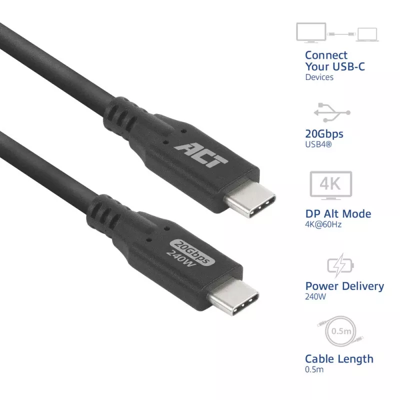 ACT USB4 20Gbps 240W USB Type-C Cable 0.5m Black