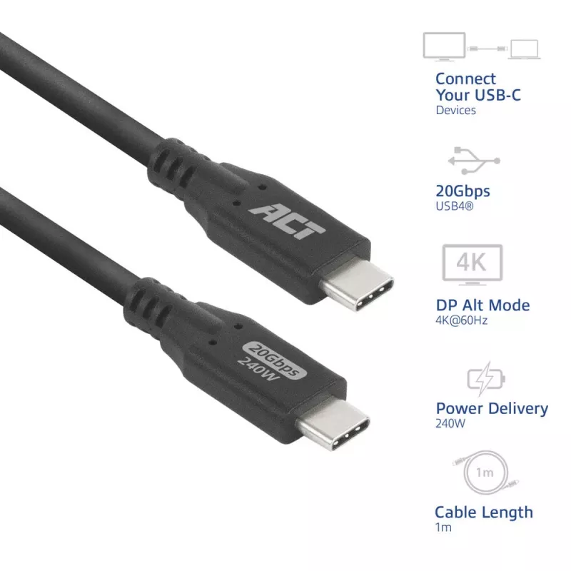ACT USB4 20Gbps 240W USB Type-C Cable 1 meter Black
