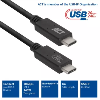 ACT USB4® 20Gbps cable, USB-C, USB-IF certified, 1 meter