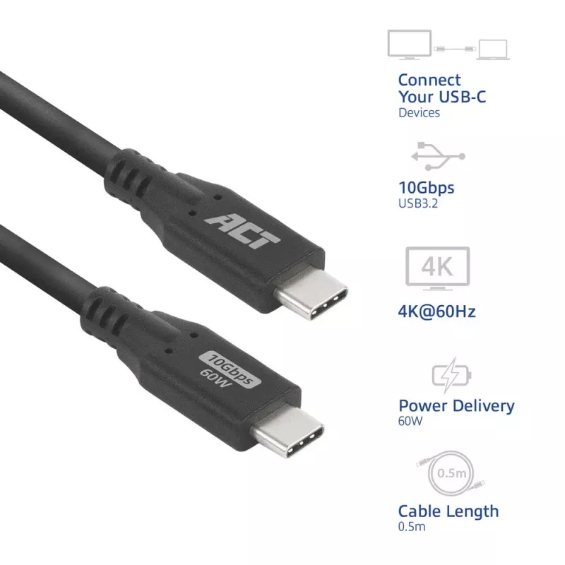 ACT USB 3.0 10Gbps 60W USB Type-C Cable 0.5m Black