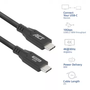 USB Type-C Cable ACT AC7442 2m 10Gbps 60W Black