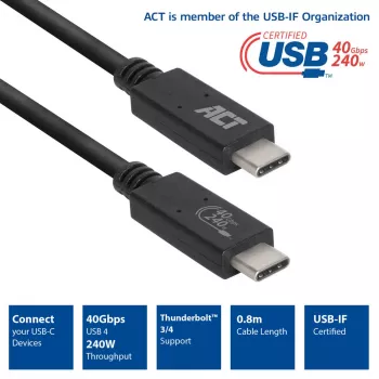 ACT USB4® 40Gbps 240W USB Type-C® Cable, USB-IF certified 0.8 meters