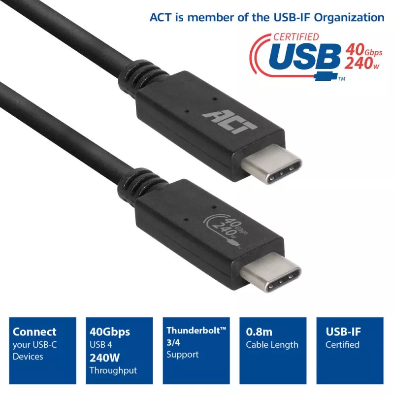 ACT USB4® 40Gbps 240W USB Type-C® Cable, USB-IF certified 0.8 meters