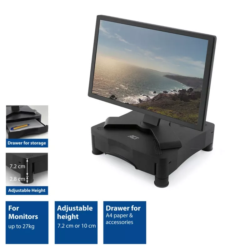 Monitor Stand ACT AC8200 Adjustable Height One Drawer Black