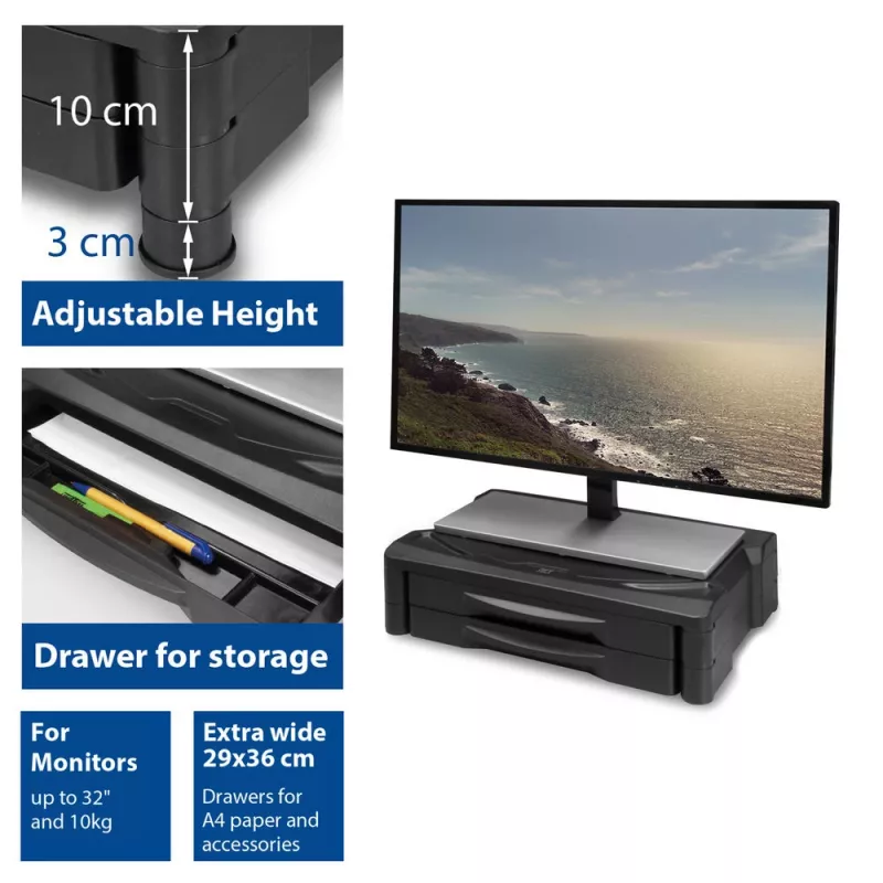 ACT Monitor stand extra wide AC8215 adjustable height two drawers