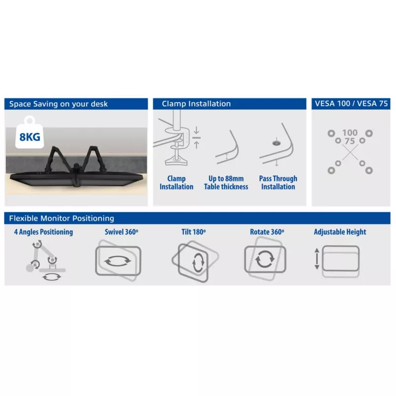 ACT Dual monitor arm Clamp/Bolt-through 16 kg 10-32 inch