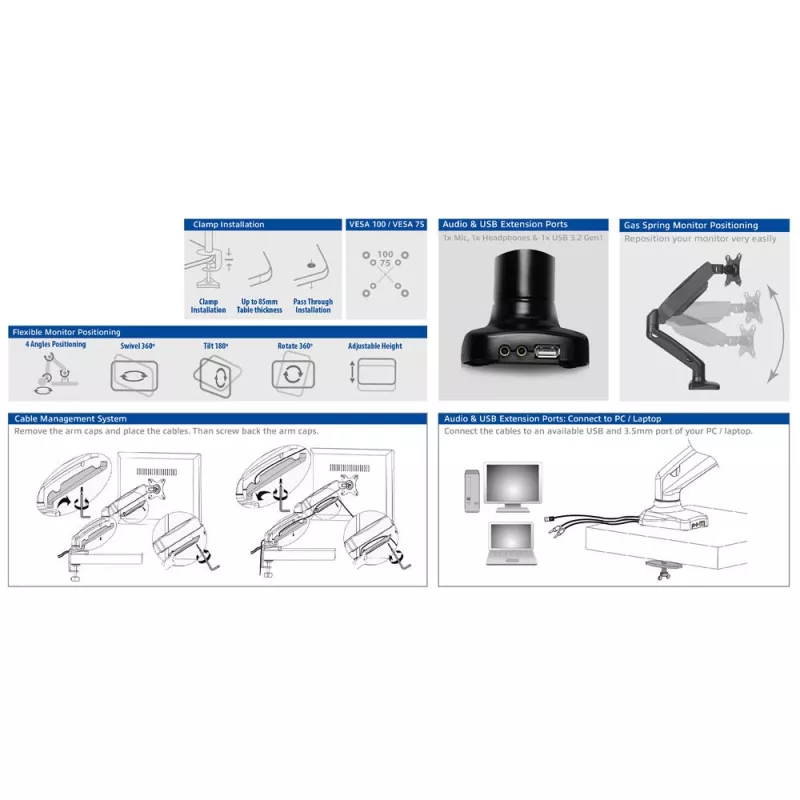 ACT Gas spring monitor arm office Black AC8311 Clamp/Bolt-through 9 kg