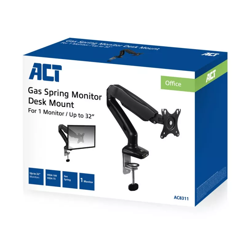 ACT Gas spring monitor arm office Black AC8311 Clamp/Bolt-through 9 kg