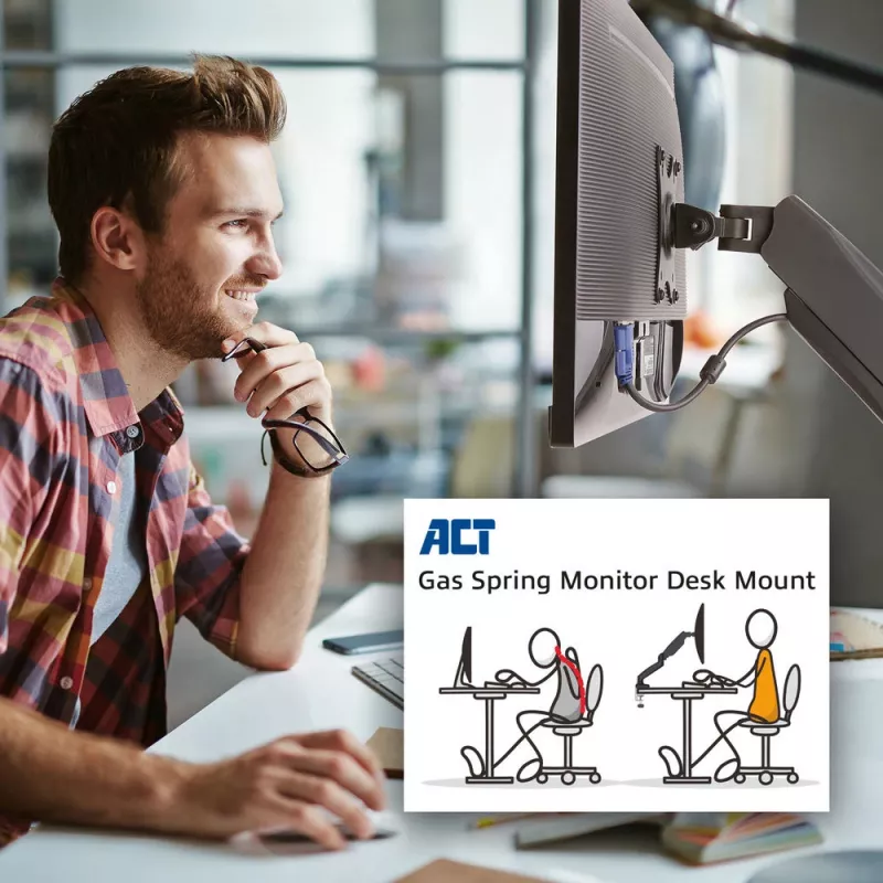 ACT Gas spring monitor arm office Black AC8311 Clamp/Bolt-through 9 kg