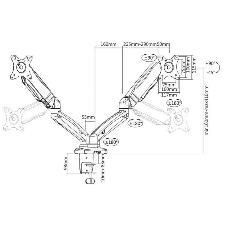 ACT Gas spring dual monitor arm office Clamp/Bolt-through 18 kg