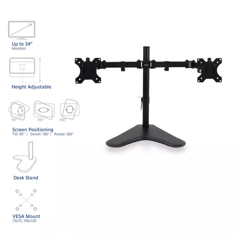 ACT Free standing dual monitor arm AC8320 Max weight 16 kg Min screen 33 cm Max screen 81.3 cm