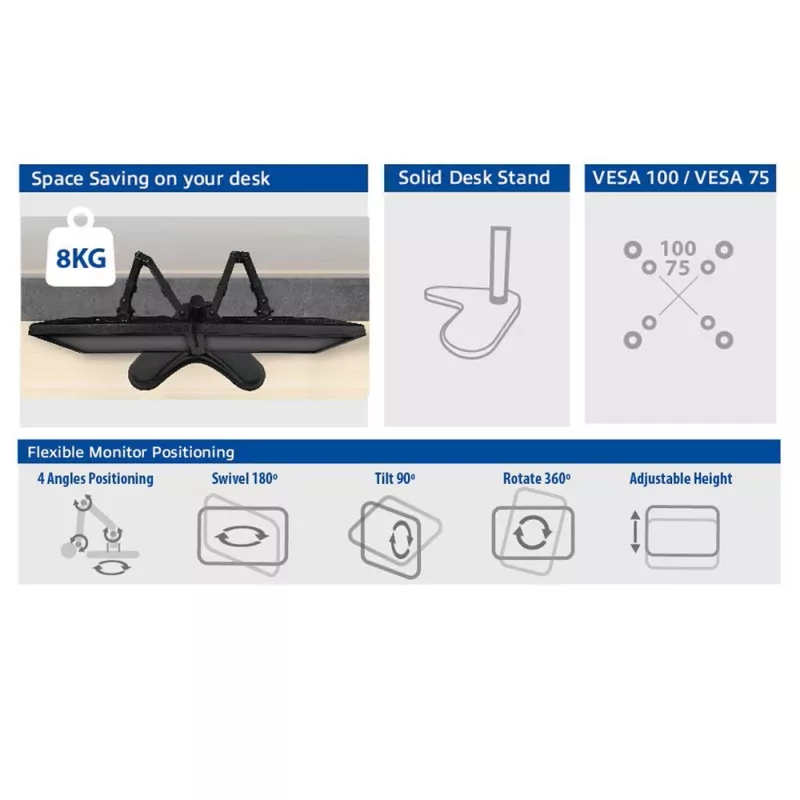ACT Free standing dual monitor arm AC8320 Max weight 16 kg Min screen 33 cm Max screen 81.3 cm