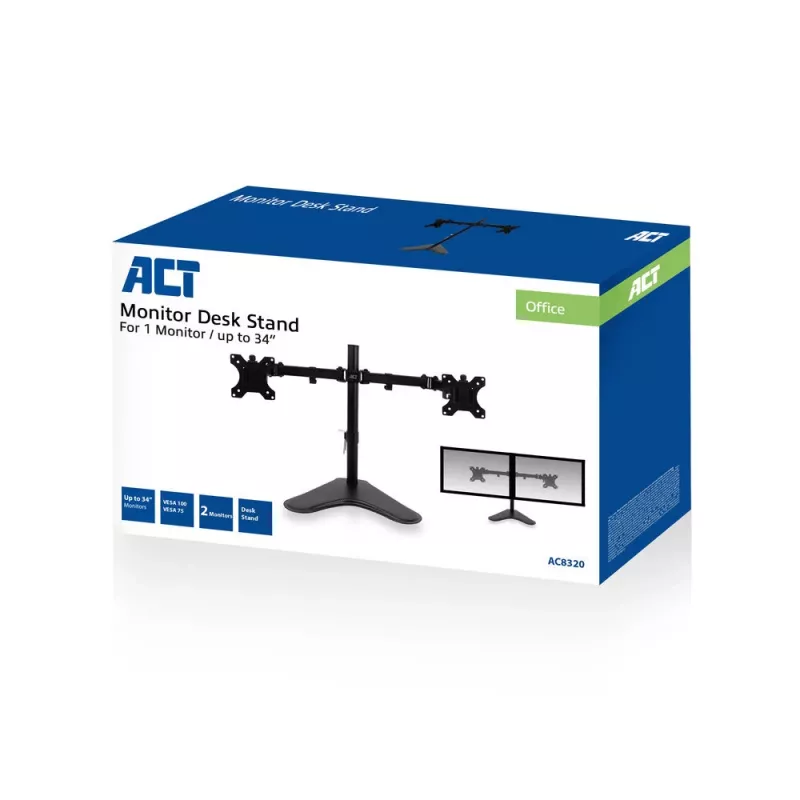 ACT Free standing dual monitor arm AC8320 Max weight 16 kg Min screen 33 cm Max screen 81.3 cm