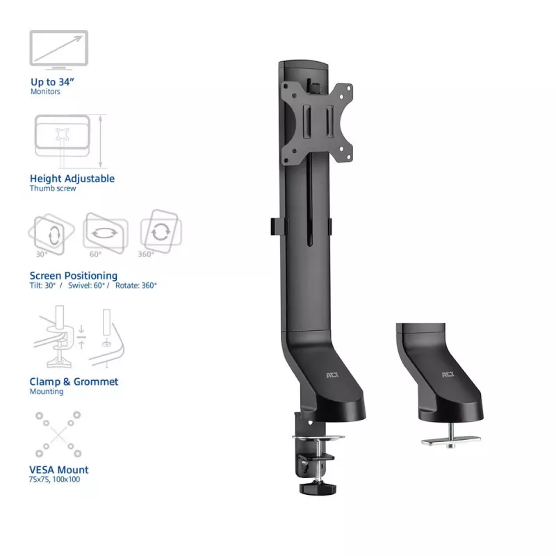 ACT Single monitor arm office quick height adjustment Clamp/Bolt-through 8 kg