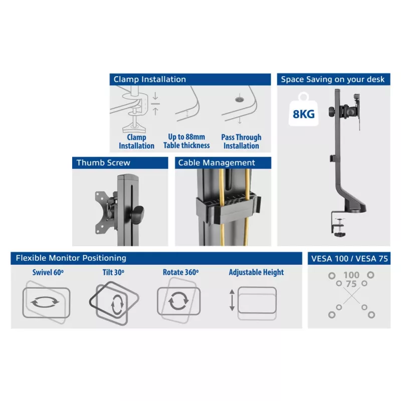 ACT Single monitor arm office quick height adjustment Clamp/Bolt-through 8 kg