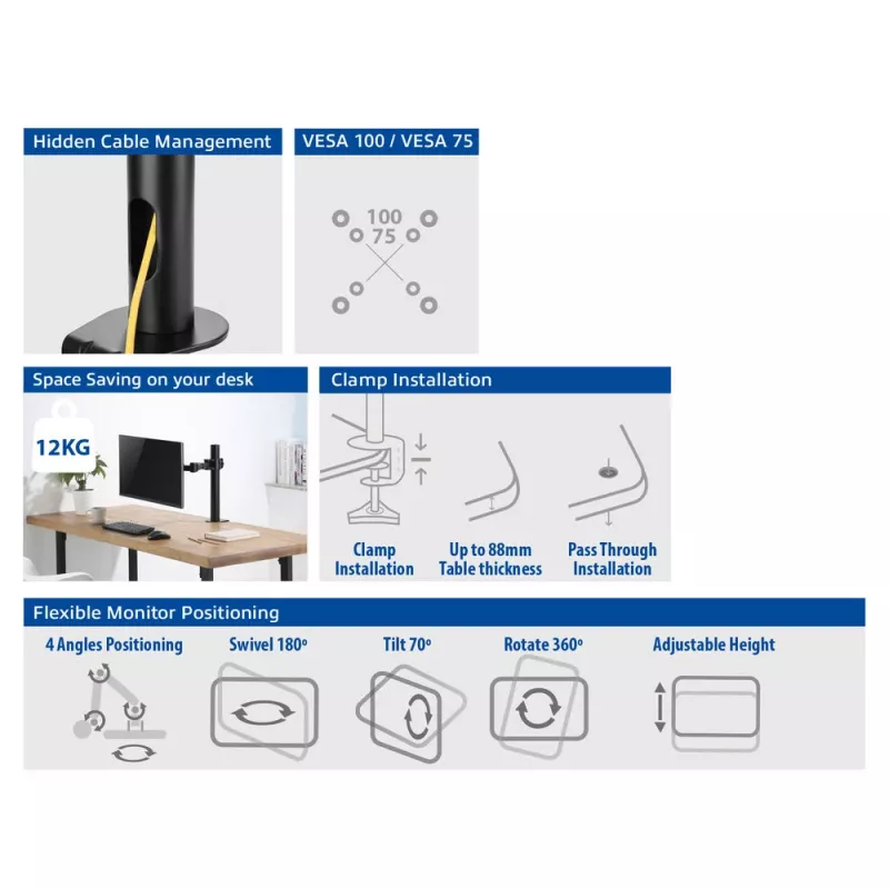 ACT Single monitor arm office solid pro Clamp/Bolt-through 12 kg 10-32 inch