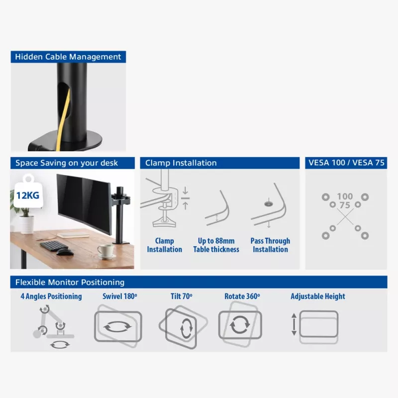 ACT Dual monitor arm office solid pro Clamp/Bolt-through 12 kg 10-32 inch