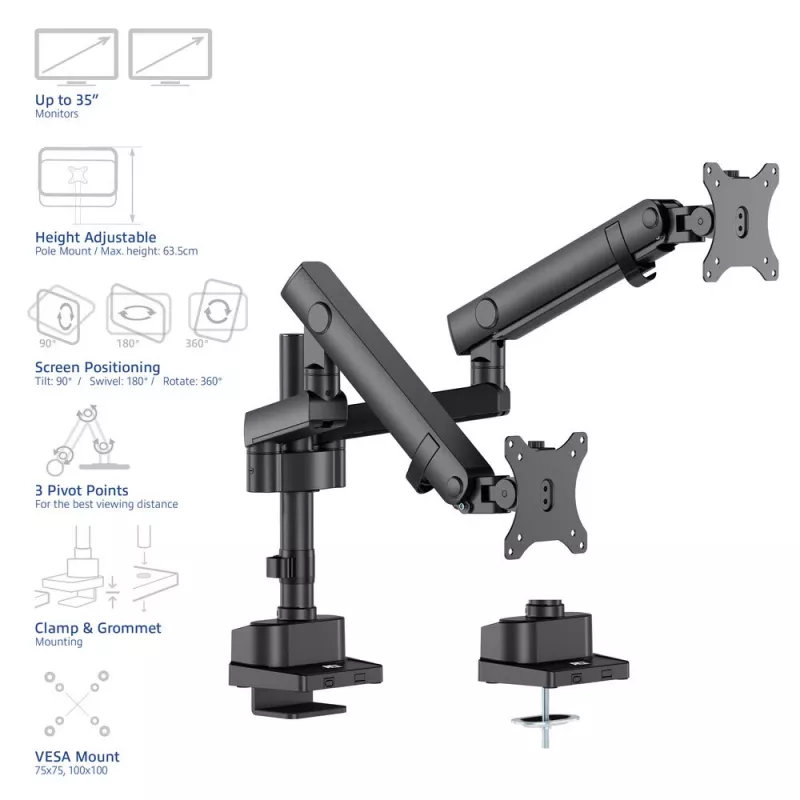 ACT Monitor arm 35 inch office solid pro, mechanical spring, 2 monitors