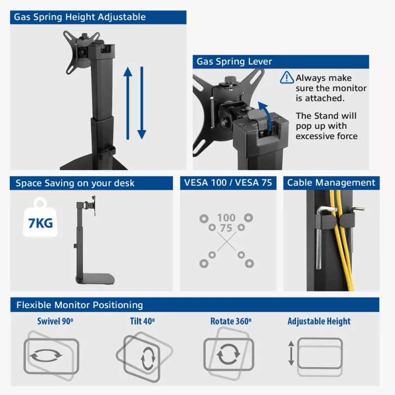 ACT Free standing gas spring monitor arm office 7 kg capacity 10 to 32 inch