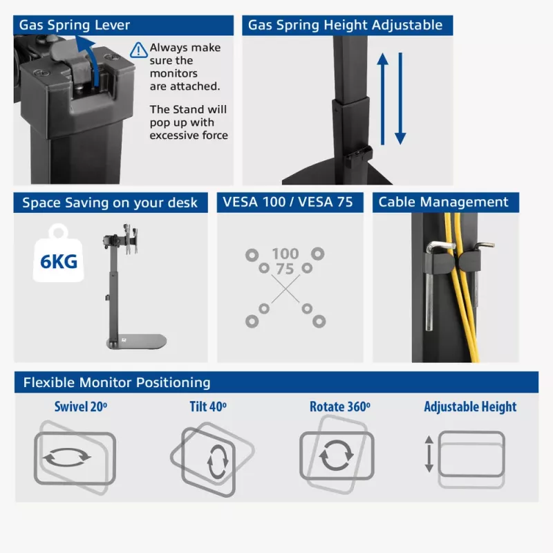 ACT Monitor arm 27 inch office, free standing with gas spring, crossbar, 2 monitors