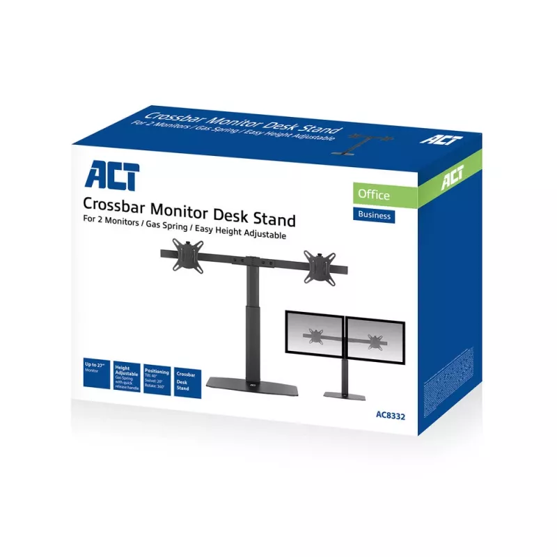 ACT Monitor arm 27 inch office, free standing with gas spring, crossbar, 2 monitors