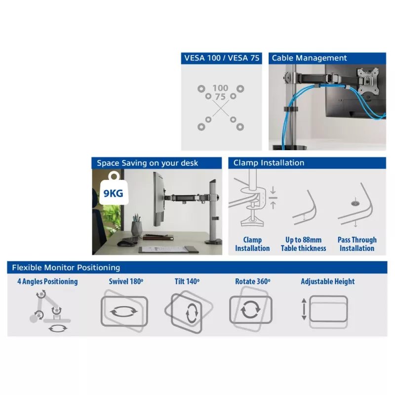 ACT Single monitor arm office silver Clamp/Bolt-through 9 kg 17-32 inch
