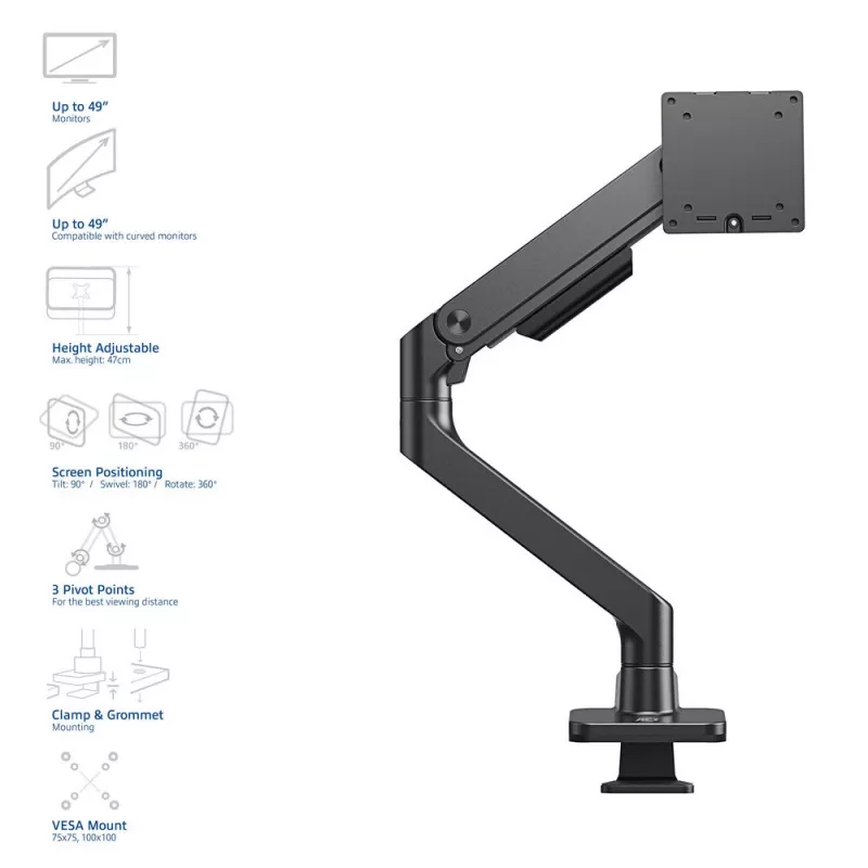 ACT Monitor arm 49 inch office premium gas spring 1 monitor Clamp/Grommet 20 kg