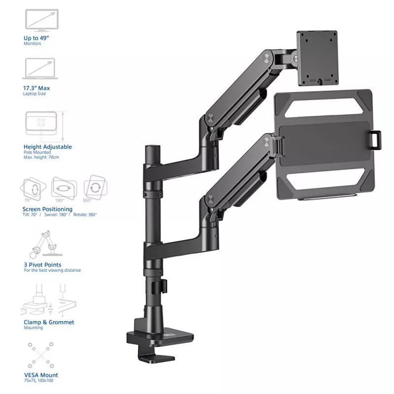 Laptop & monitor arm ACT AC8341 gas spring black 49 inch