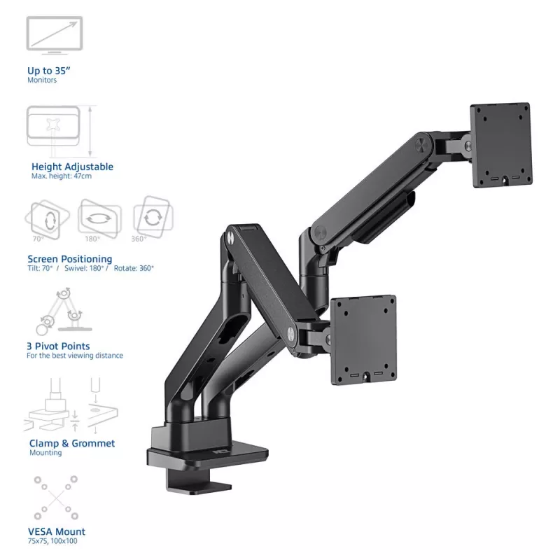 ACT Monitor arm 35 inch office premium, gas spring, 2 monitors