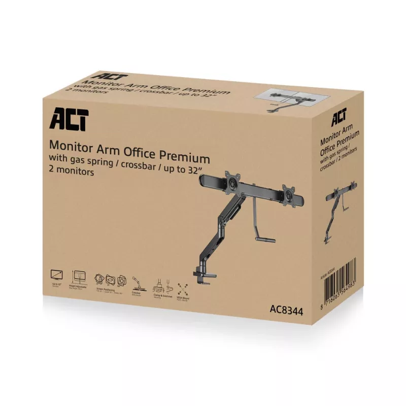 ACT Monitor arm 32 inch office premium, gas spring, crossbar, 2 monitors