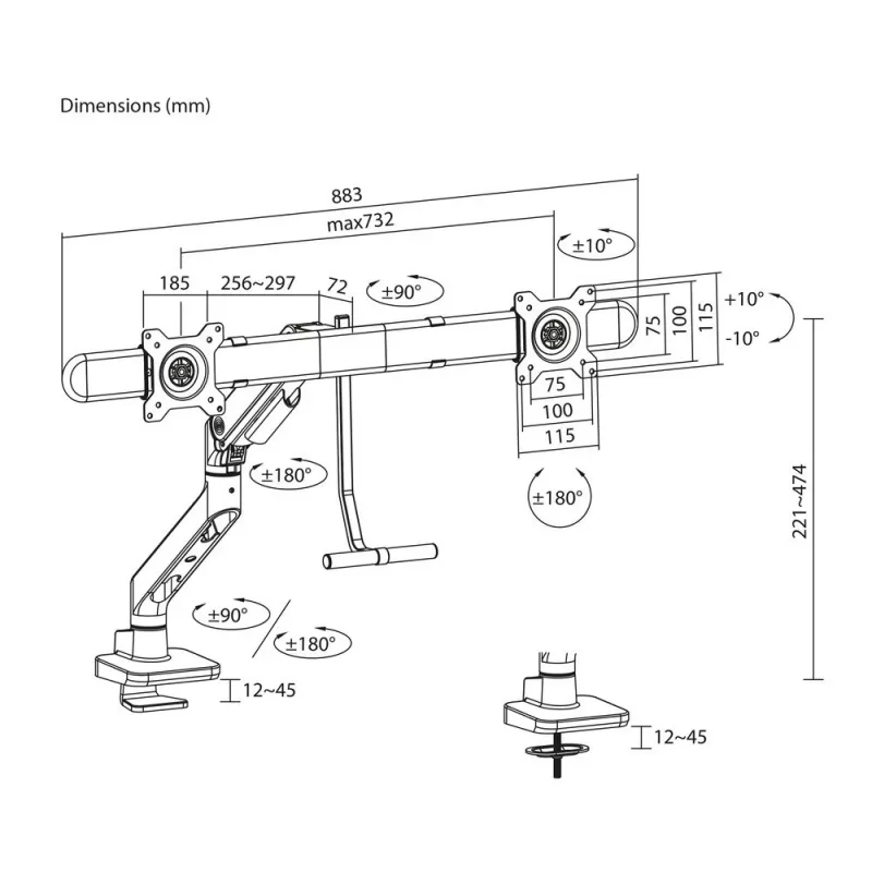 ACT Monitor arm 32 inch office premium, gas spring, crossbar, 2 monitors