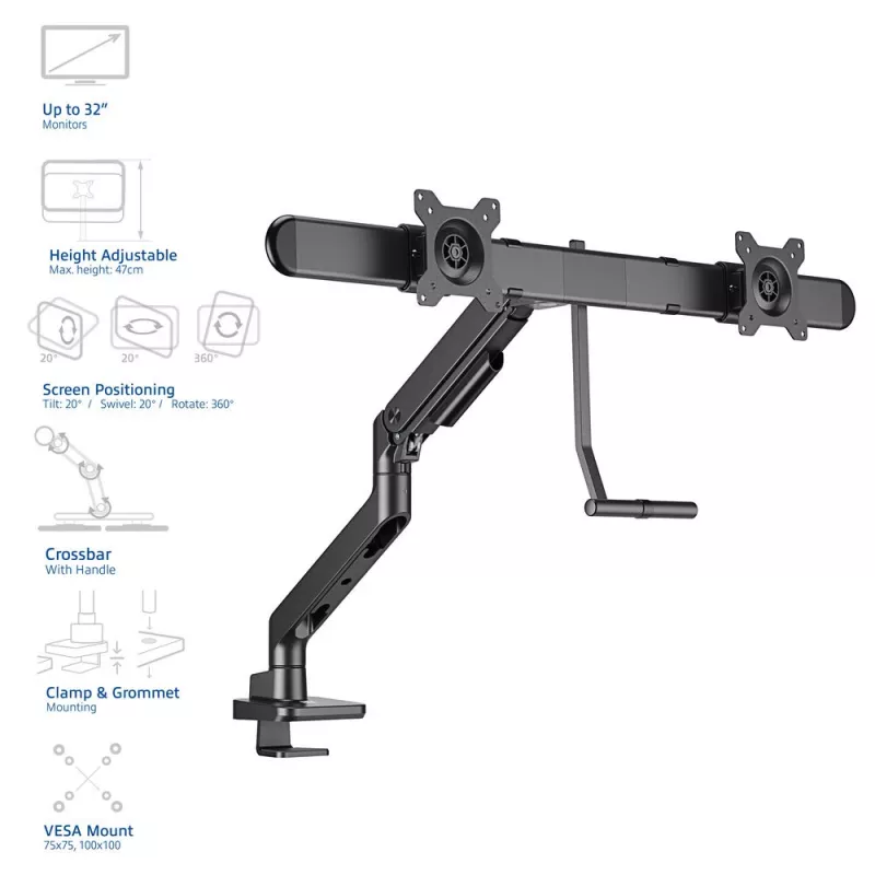 ACT Monitor arm 32 inch office premium, gas spring, crossbar, 2 monitors