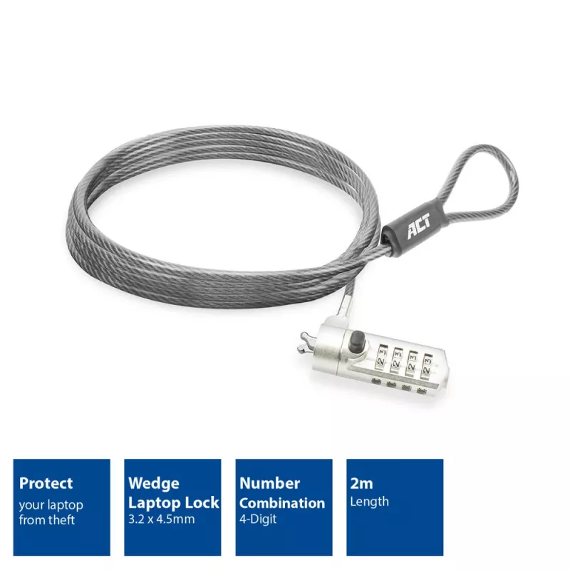 ACT Wedge Laptop Lock with combination lock Metallic 2m cable