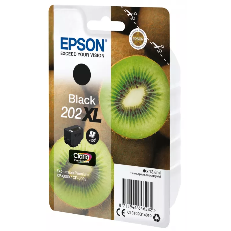 Epson Kiwi Singlepack Black 202XL Claria Premium Ink, High (XL) Yield, Black, Pigment-based ink, 13.8 ml, 1 pc(s), 550 pages