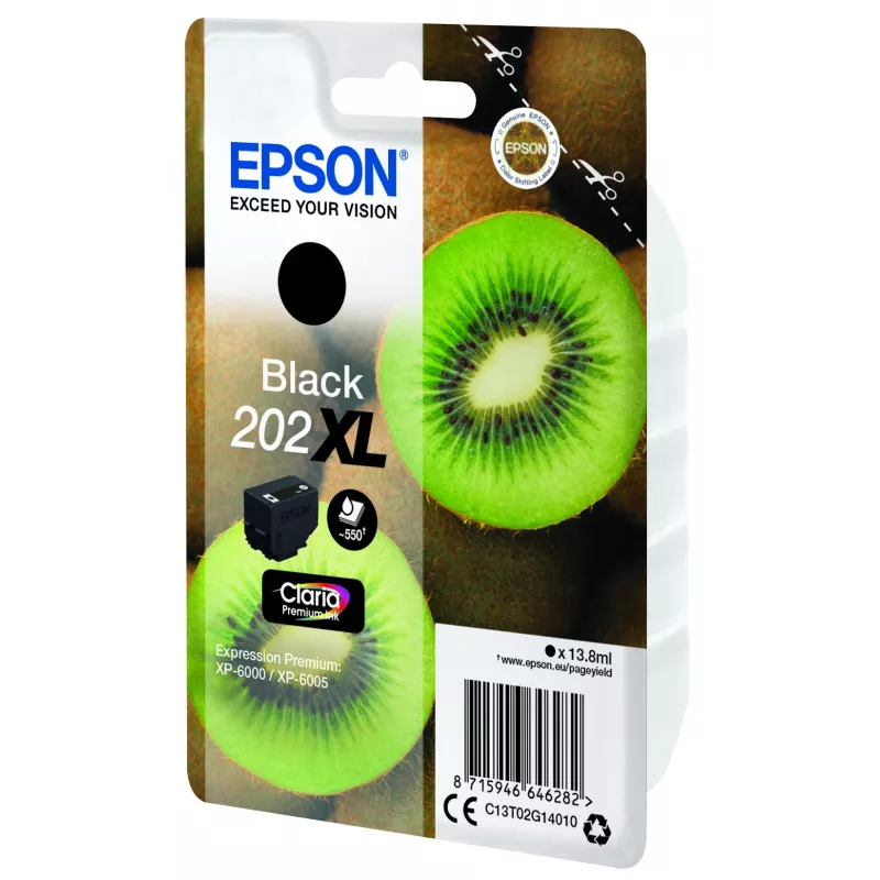Epson Kiwi Singlepack Black 202XL Claria Premium Ink, High (XL) Yield, Black, Pigment-based ink, 13.8 ml, 1 pc(s), 550 pages