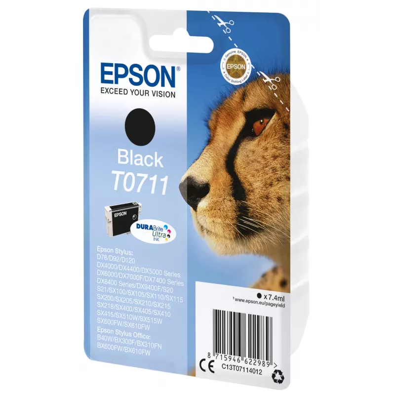 Epson Singlepack Black T0711 DURABrite Ultra Ink, Black, Pigment-based ink, 7.4 ml, 1 pc(s), 250 pages