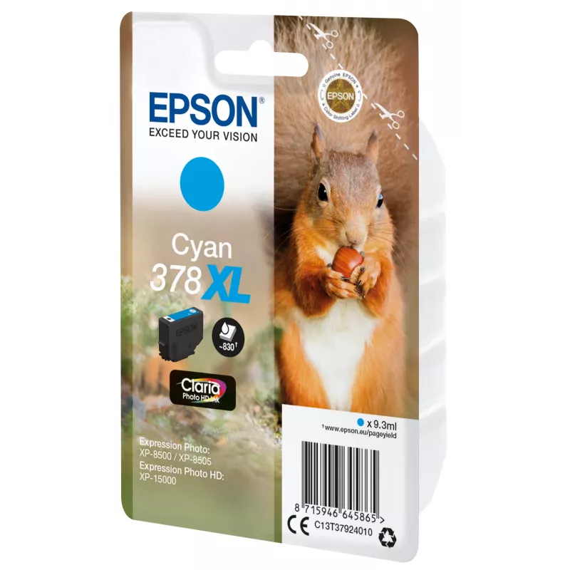 Epson Squirrel Singlepack Cyan 378XL Claria Photo HD Ink, High (XL) Yield, Cyan, 9.3 ml, 1 pc(s), 830 pages
