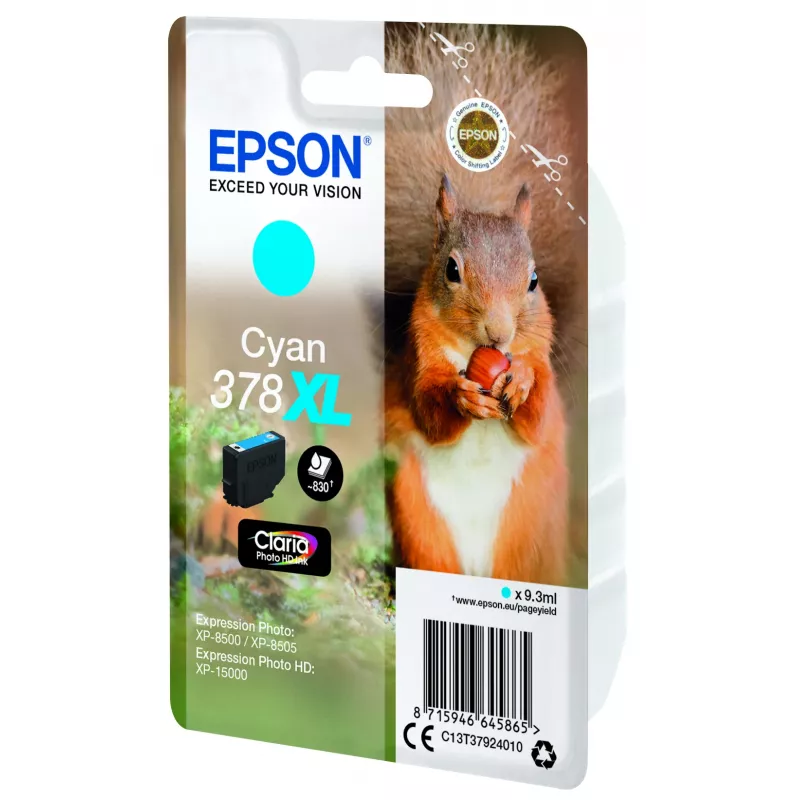 Epson Squirrel Singlepack Cyan 378XL Claria Photo HD Ink, High (XL) Yield, Cyan, 9.3 ml, 1 pc(s), 830 pages