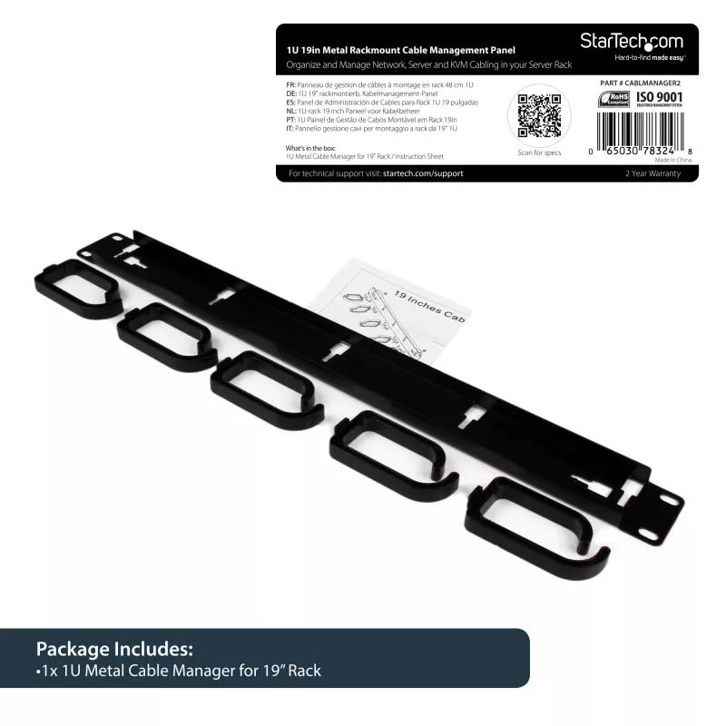 StarTech.com 1U 19in Metal Rackmount Cable Management Panel