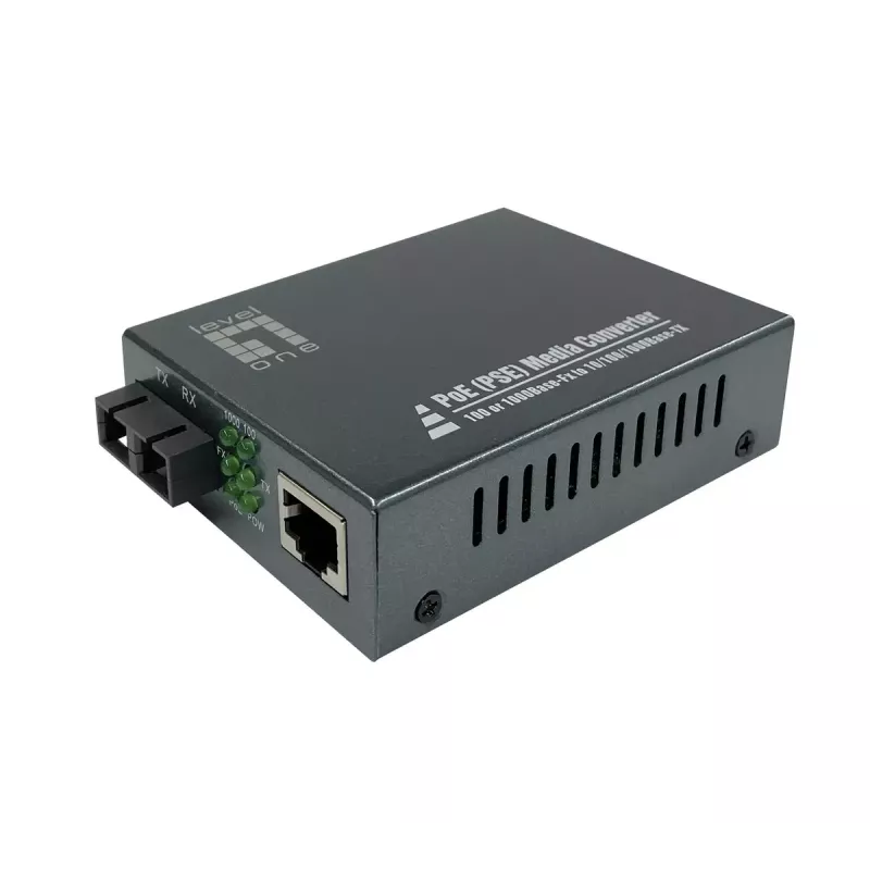 LevelOne RJ45 to SC Gigabit Media Converter, PoE PSE, Single-Mode Fiber, 20km